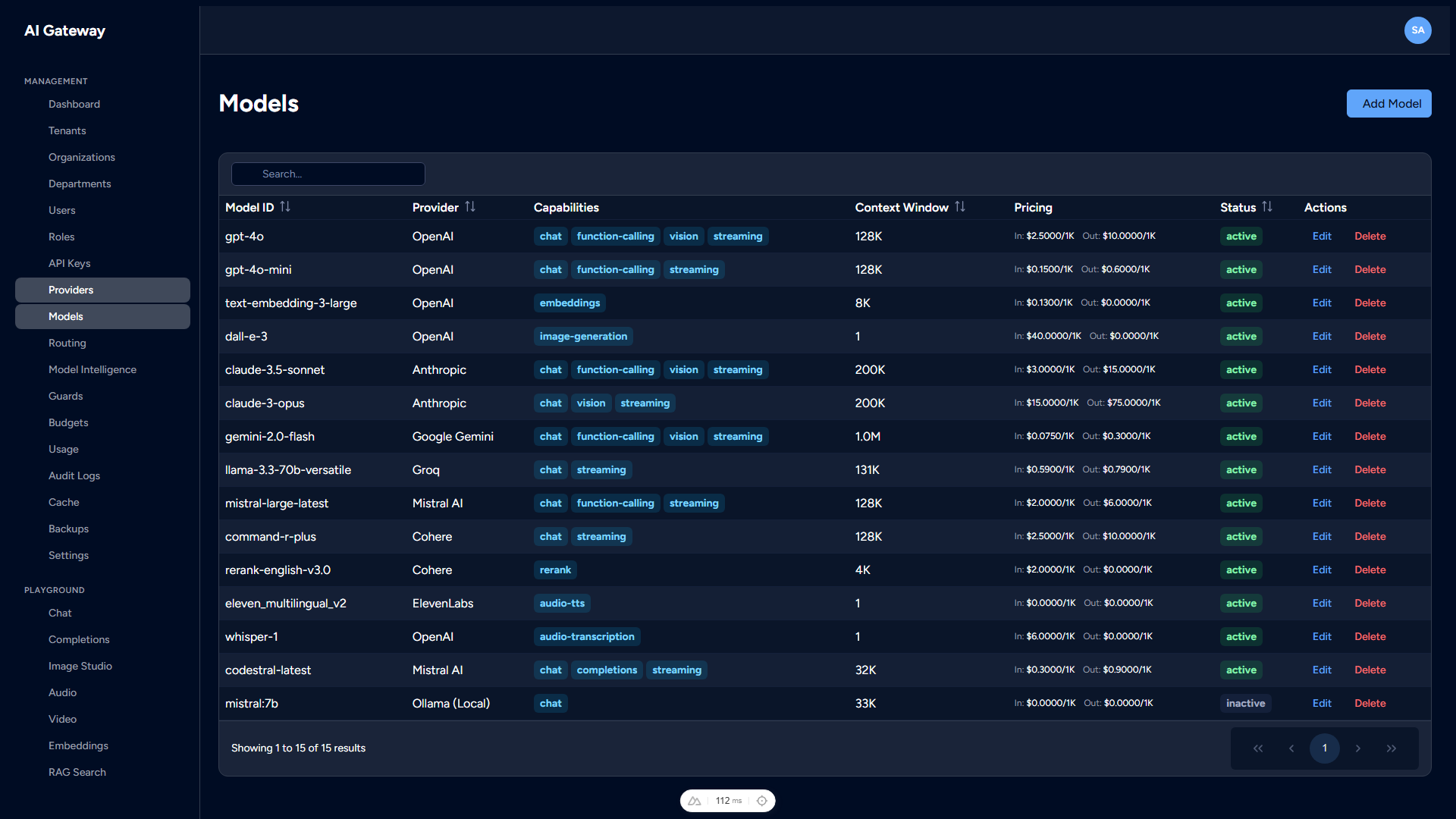 Models screenshot — dark theme